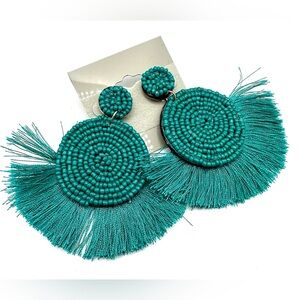 Aqua Blue Green Tassel Trim Beaded Fan Pierced Boho Earrings
